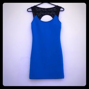 Small blue mini dress with lace shoulders.